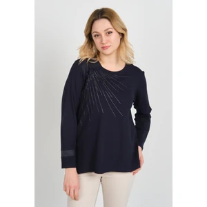 Detay Triko Kadın Taş Işlemeli Bisiklet Yaka Yanları Yırtmaçlı Anne Bluz 5750 Lacivert