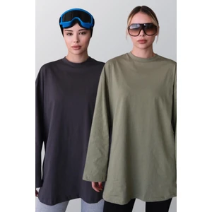 Geniş Kol Oversize 2'li Paket T-Shirt 964 Haki/Füme