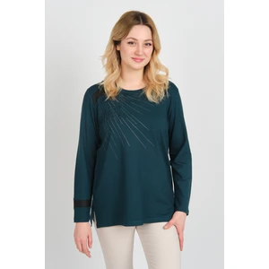 Detay Triko Kadın Taş Işlemeli Bisiklet Yaka Yanları Yırtmaçlı Anne Bluz 5750 Zümrüt