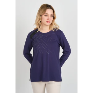 Detay Triko Kadın Taş Işlemeli Bisiklet Yaka Yanları Yırtmaçlı Anne Bluz 5750 Mor