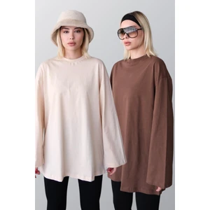 Geniş Kol Oversize 2'li Paket T-Shirt 964 Bej/kahverengi