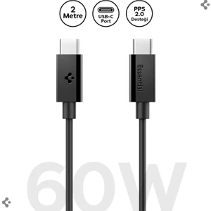 USB-C to USB-C 2 Metre Kablo 60W Güç / PPS 2.0 Super Hızlı Şarj / 480 Mbps Data Aktarım Hızı Type-C Ekstra Dayanıklı Black - ACA08720