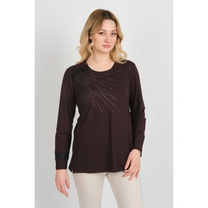 Detay Triko Kadın Taş Işlemeli Bisiklet Yaka Yanları Yırtmaçlı Anne Bluz 5750 Kahverengi