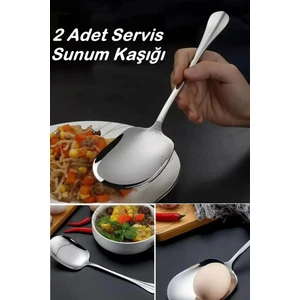 2 Adet Pratik 21 cm Paslanmaz Çelik Lüx Servis Salata Kaşığı Spatula | Çelik Yemek Servis Kaşığı