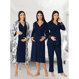Dvina Effortt Lohusa 4'lü Set - Sabahlık/pijama Takımı/gecelik Lacivert - 8096