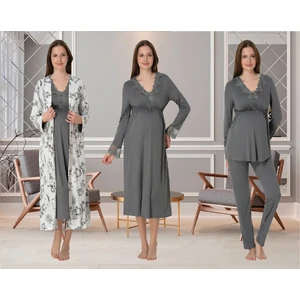 Dvina Effortt Lohusa 4'lü Set - Sabahlık/pijama Takımı/gecelik Füme - 8096