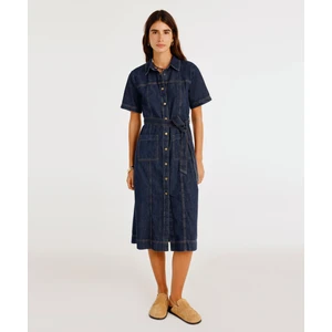 Kemerli Kısa Kollu Midi Boy Denim Elbise