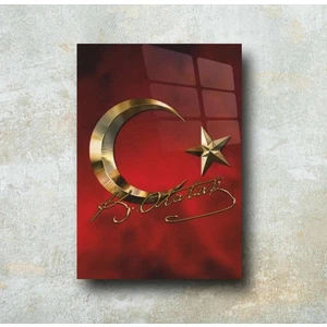 Atatürk Imzalı Türkiye Bayrağı Cam Tablo, Mustafa Kemal Atatürk Gold Imzalı Bayrak Temperli Cam Tablo,