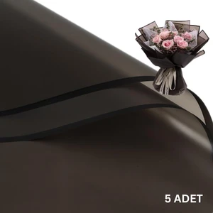 Siyah Kenarlı Siyah Çiçek Ambalaj Kağıdı 5li, Su Geçirmez Mat Şeffaf Buket Sargı Kağıdı, 58 x 58  cm