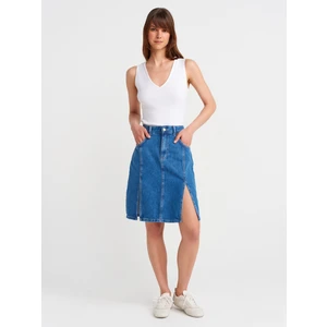 80584 Çift Yırtmaçlı Midi Denim Etek-Mavi