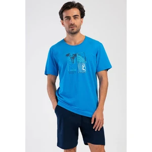 Erkek Kısa Kol İndigo Şortlu Pijama Takım %100 PAMUK C4T3N4O804