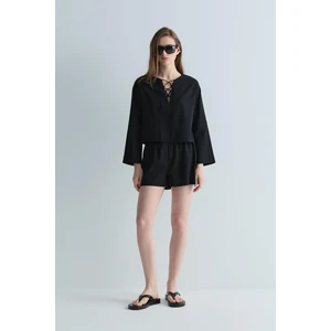 Siyah Zoe Basic Keten Şort