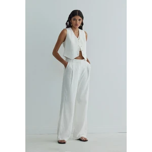 Suud Collection Beyaz Gabriel Tek Pileli Keten Pantolon