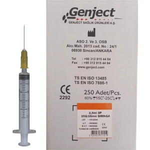 - 2.5 ml 3p 25G Turuncu 25MM Aşı Enjektörü - 250 Adet