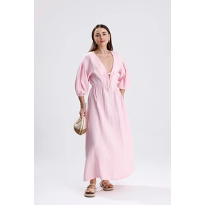 Balon Kol V Yaka Müslin Elbise - Pembe