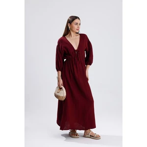 Balon Kol V Yaka Müslin Elbise - Bordo