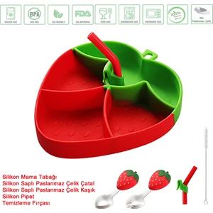 Vakumlu Silikon Mama Tabağı, Silikon Saplı Çelik Uçlu Çatal ve Kaşık ( Çilek Figürlü )