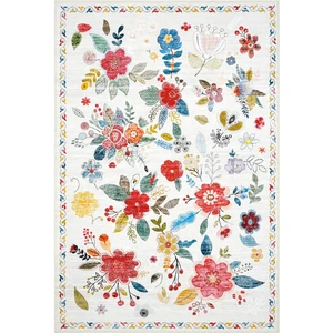 Cool Halı Daisy Beyaz Renkli Bohem Halı Makinede Yıkanabilen Çiçekli Dokuma Şönil Halı Vintage Ev Oda Halısı