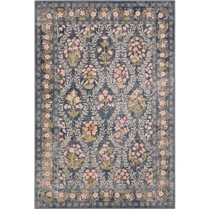 Cool Halı Daisy Kömür Mavi Bohem Halı Makinede Yıkanan Çiçek Desenli Dokuma Şönil Halı Otantik Vintage Halı