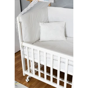 Ahşap Beşik Anne Yanı Yeni Doğan Asya Beyaz Bebek Beşiği Beyaz Güpür Uyku Setli + Tekerlekli