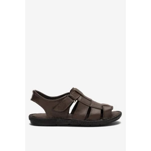 Erkek Hakiki Deri Cırtlı Sandalet Kahverengi - Siyah