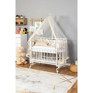 Ahşap Beşik Anne Yanı Yeni Doğan Papatya Beyaz Bebek Beşiği Krem Örgü Uyku Setli+Teker