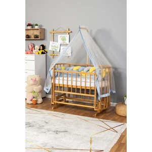 Ahşap Beşik Anne Yanı Yeni Doğan Papatya Doğal Vernikli Bebek Beşiği Mavi Sarı Örgü Uyku Setli