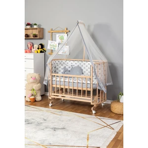 Ahşap Beşik Anne Yanı Yeni Doğan Papatya Organik Bebek Beşiği Gri Balina Uyku Setli + Teker