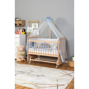 Carino Wins Ahşap Beşik Anne Yanı Tutku Organik (Boyasız) Bebek Beşiği Mavi Yıldız Uyku Setli + Tekerlek