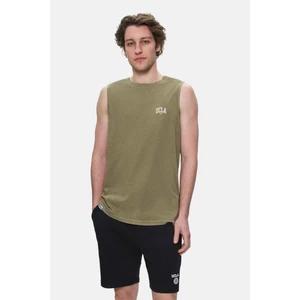 Elton Koyu Haki Bisiklet Yaka Sıfır Kol Yıkamalı Baskılı Oversize Erkek Tshirt