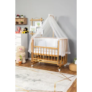 Ahşap Beşik Anne Yanı Yeni Doğan Papatya Doğal Bebek Beşiği Beyaz Güpür Uyku Setli + Teker