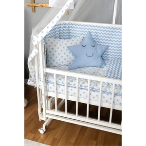 Ahşap Beşik Anne Yanı Yeni Doğan Papatya Beyaz Bebek Beşiği Mavi Yıldız Uyku Setli + Tekerlek