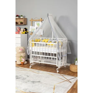 Ahşap Beşik Anne Yanı Yeni Doğan Papatya Beyaz Bebek Beşiği Sarı Gri Örgü Uyku Setli+Teker