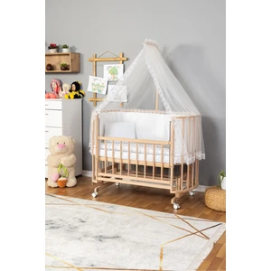 Ahşap Beşik Anne Yanı Yeni Doğan Papatya Organik Bebek Beşiği Beyaz Güpür Uyku Setli + Teker