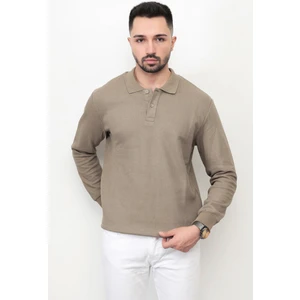 Açık Haki Erkek Polo Yaka Sweatshirt Selanik Örgü Pamuk Karışım Ribanalı Düğme Kapama - 5739