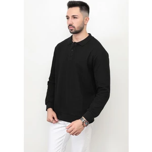 Siyah Erkek Polo Yaka Sweatshirt Selanik Örgü Pamuk Karışım Ribanalı Düğme Kapama - 5739