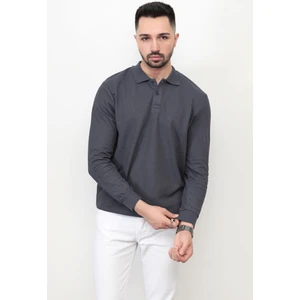 Erkek Polo Yaka Sweatshirt Füme Selanik Örgü Pamuk Karışım Ribanalı Düğme Kapama - 5739