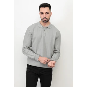 Gri Erkek Polo Yaka Sweatshirt Selanik Örgü Pamuk Karışım Ribanalı Düğme Kapama - 5739