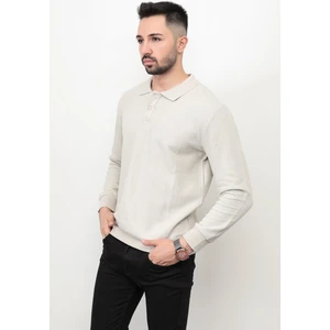 Bej Erkek Polo Yaka Sweatshirt Selanik Örgü Pamuk Karışım Ribanalı Düğme Kapama - 5739