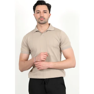 Erkek Polo Yaka Kısa Kol Çizgili Triko T-Shirt Bej - 2503