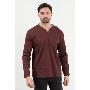 Erkek V Yaka Düğme Detaylı Dokulu Sweatshirt Bordo - 5524