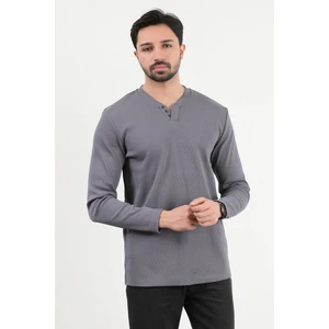 Erkek V Yaka Düğme Detaylı Dokulu Sweatshirt Antrasit - 5524