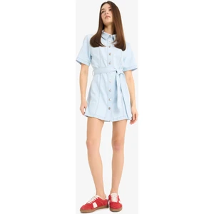 Polo Yaka Düğmeli Kuşaklı Kısa Kollu Mini Jean Elbise E1287AX25SM