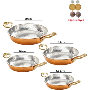 Bakır Dövme 4 Lü Tava Seti Küpe Hediyeli