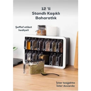 12’li Standlı Kaşıklı Baharatlık Etiketli Kapaklı Şık Tasarımlı Baharat Standı