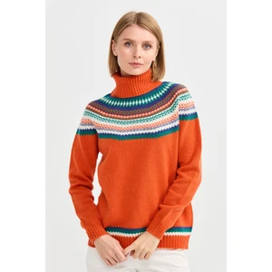 Desen Triko Kadın Tam Balıkçı Yaka Yün Kazak Portakal