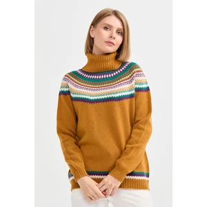 Desen Triko Kadın Tam Balıkçı Yaka Yün Kazak Hardal
