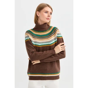 Desen Triko Kadın Tam Balıkçı Yaka Yün Kazak D.kahve