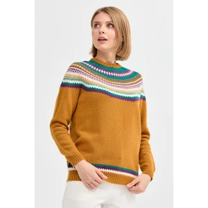 Desen Triko Kadın Sıfır Yaka Jakarlı Yün Kazak Hardal