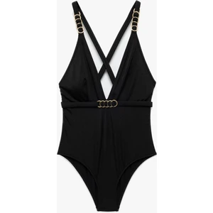 Astarlı Aksesuarlı Derin V Yaka Arkası Çapraz Askılı Mayo